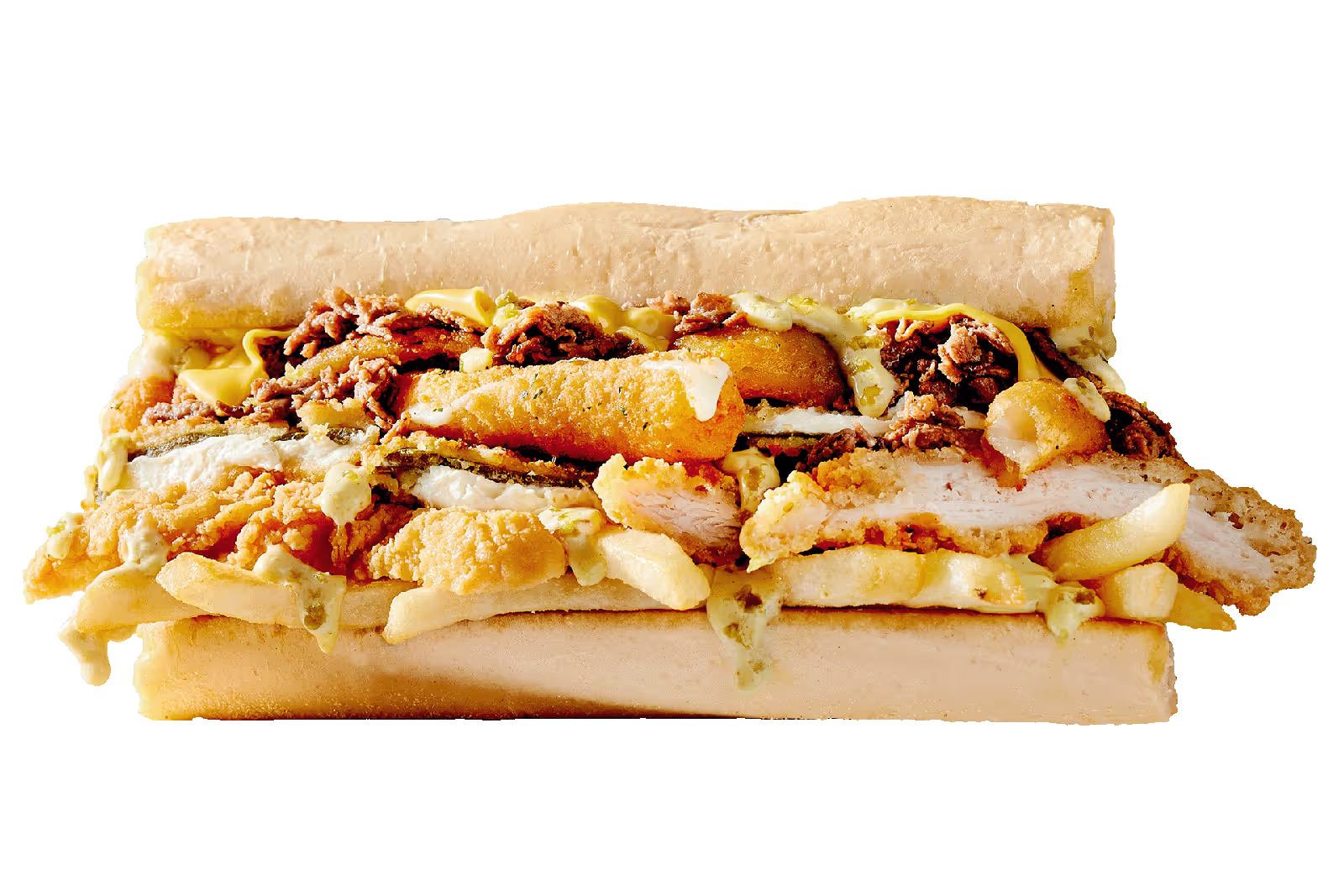 The Fat Shack sandwich loaded with cheesesteak, chicken fingers, poppers, mozz sticks and fries